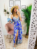 Abito maxi spacco fantasia blu