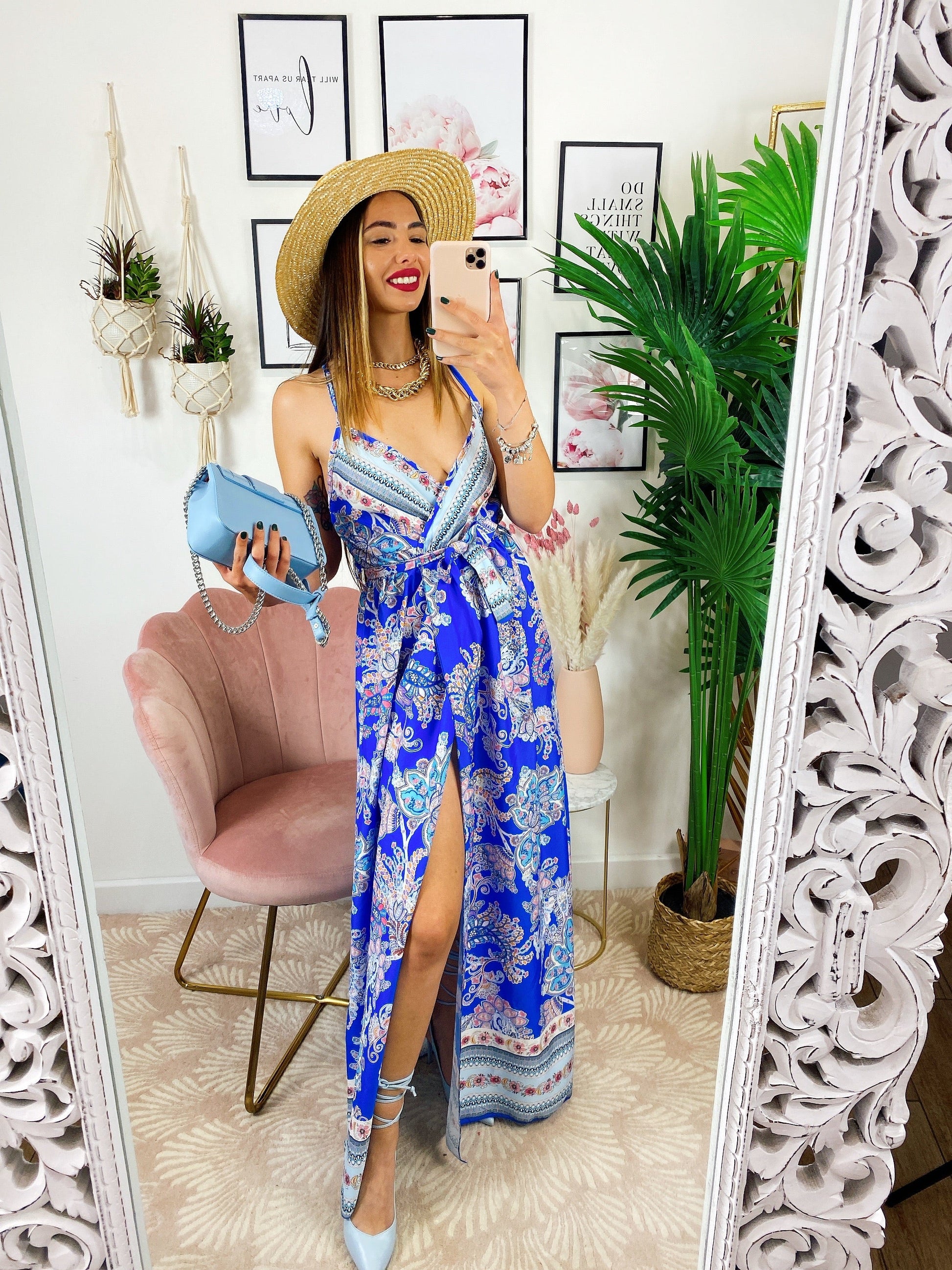 Abito maxi spacco fantasia blu