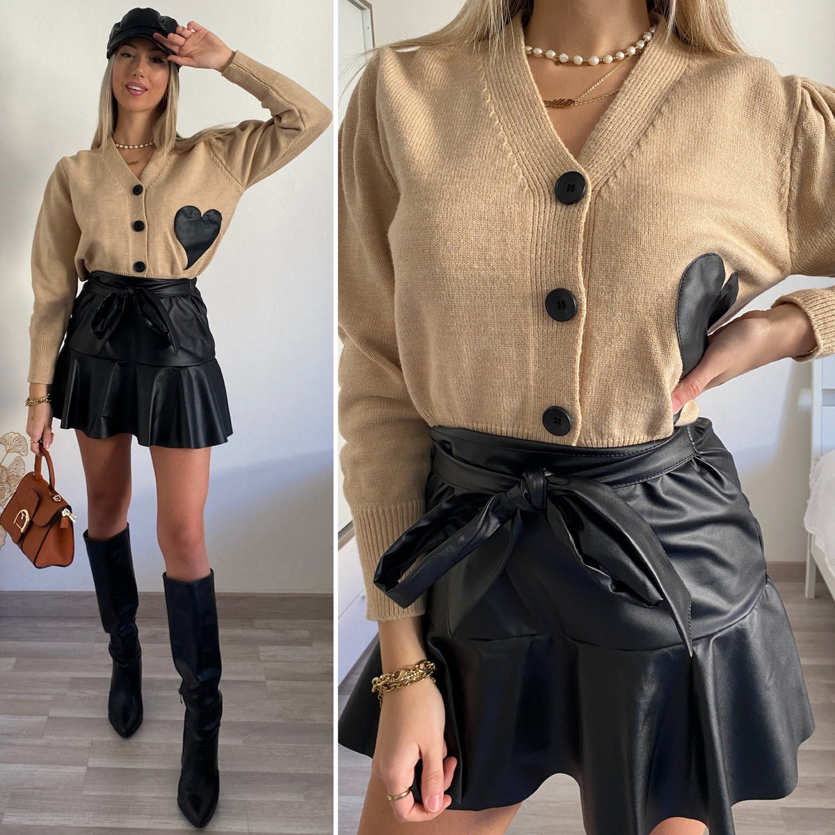 Maglione camel con cuore in pelle