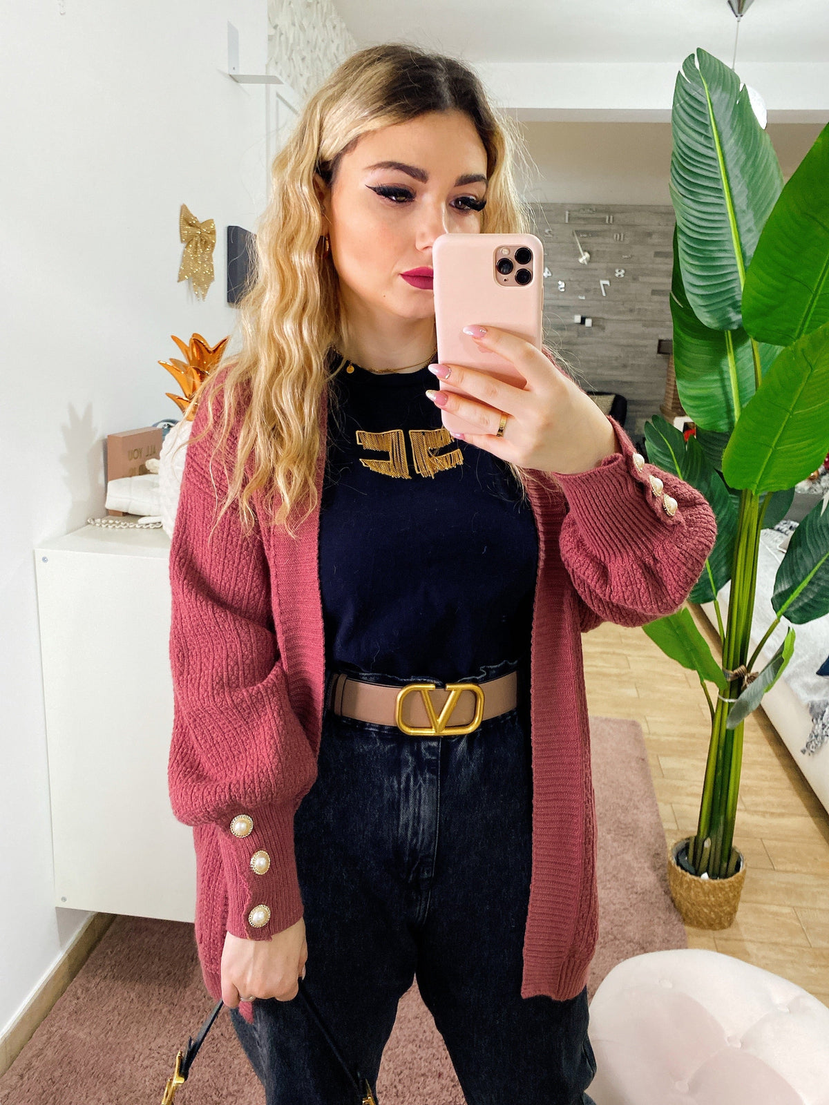 Cardigan manica lunga con perle peonia