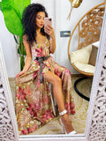 Abito in raso floreale con maxi spacco nude