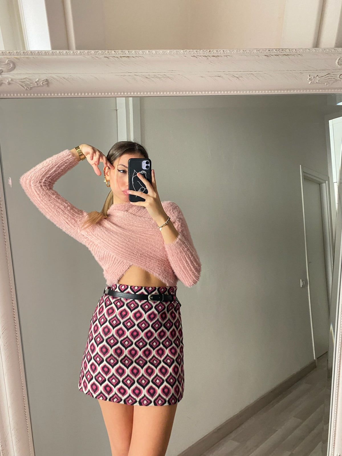 Gonna in tweed Fuxia a rombi