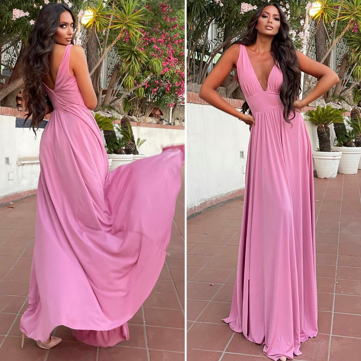 Abito lungo rosa con scollo a V