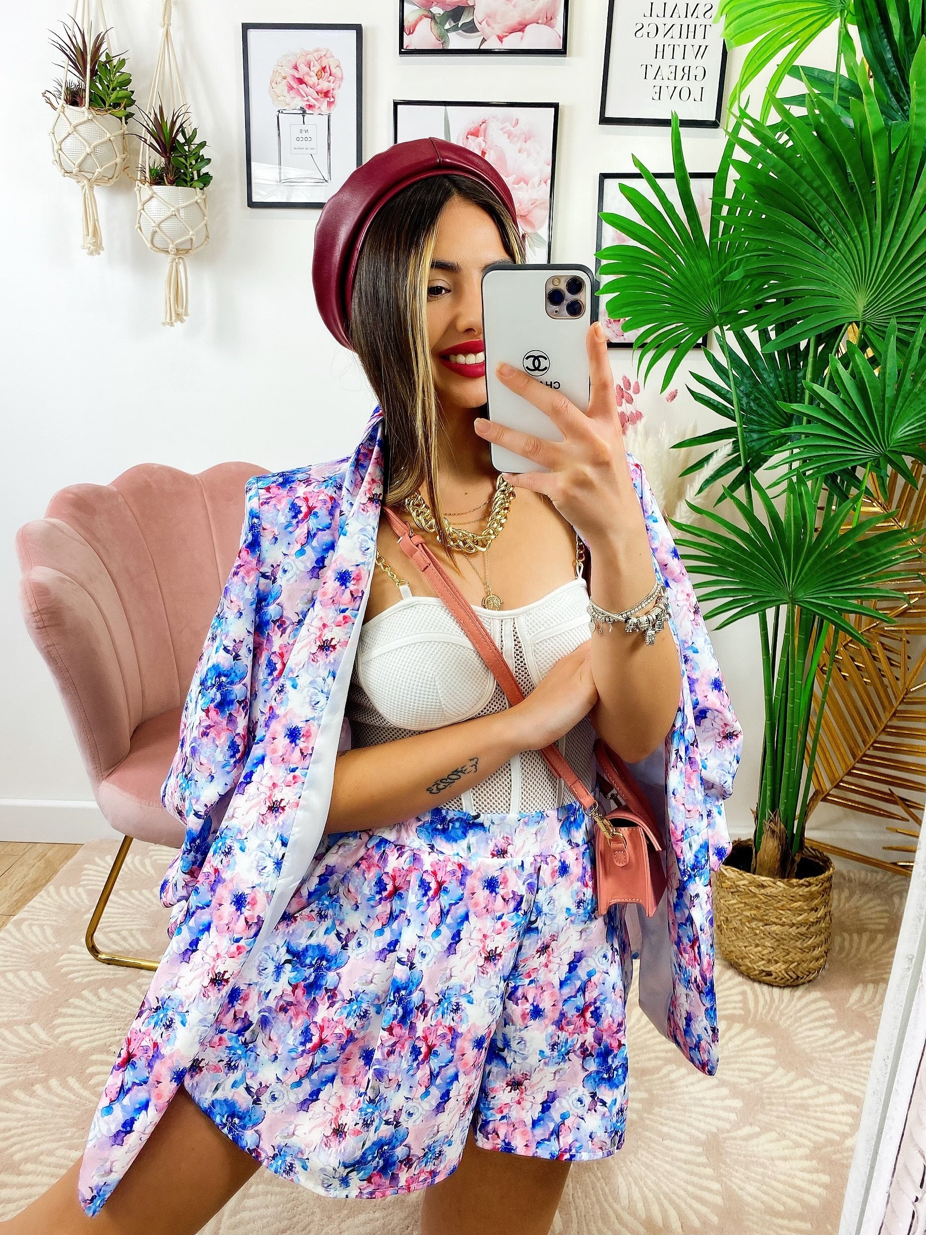 Completo Giacca e Short fiori celesti