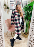 Giacca a quadri lunga Black dettaglio fucsia