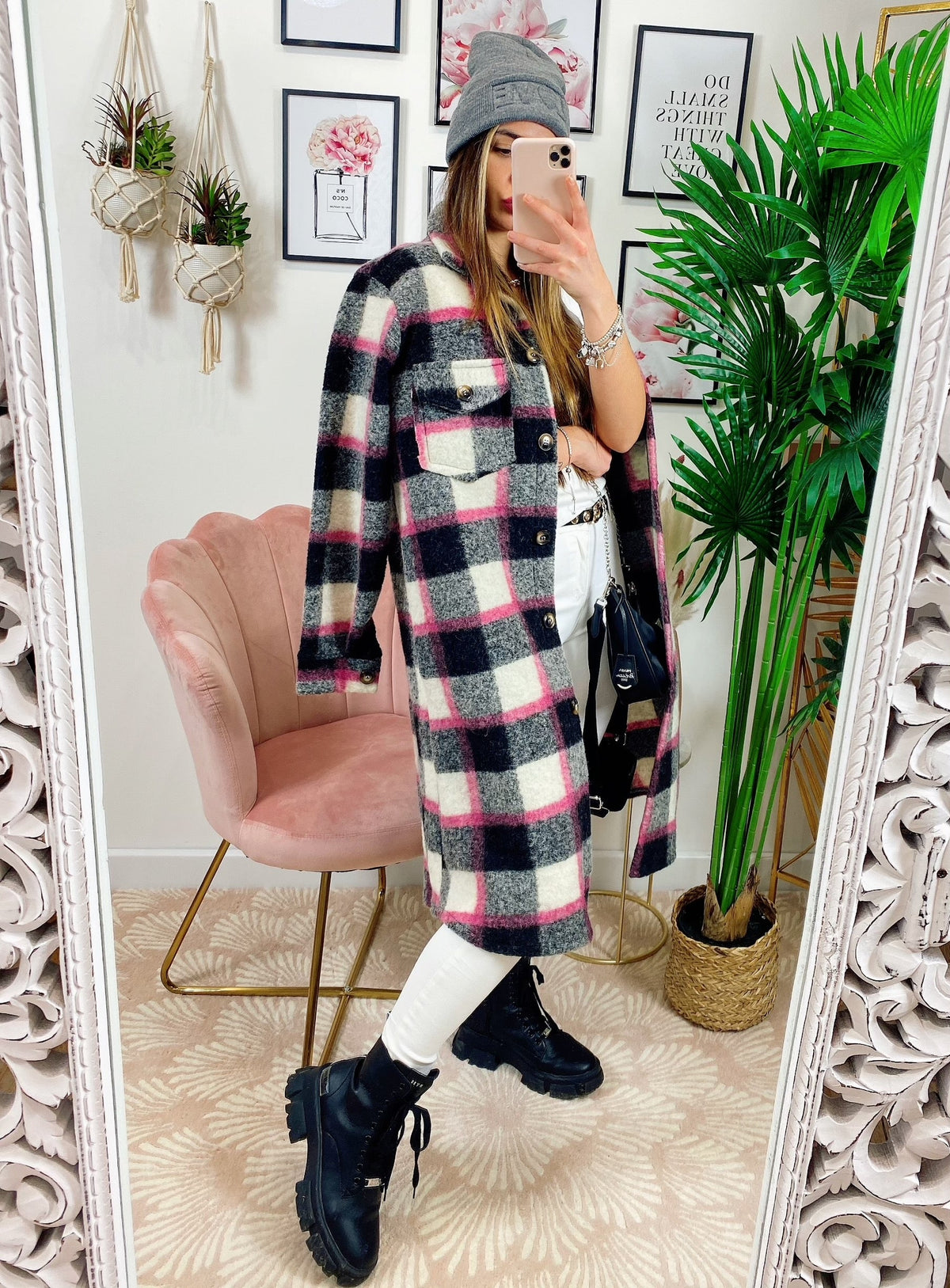 Giacca a quadri lunga Black dettaglio fucsia