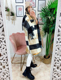 Giacca a quadri Beige nero lunga con frange