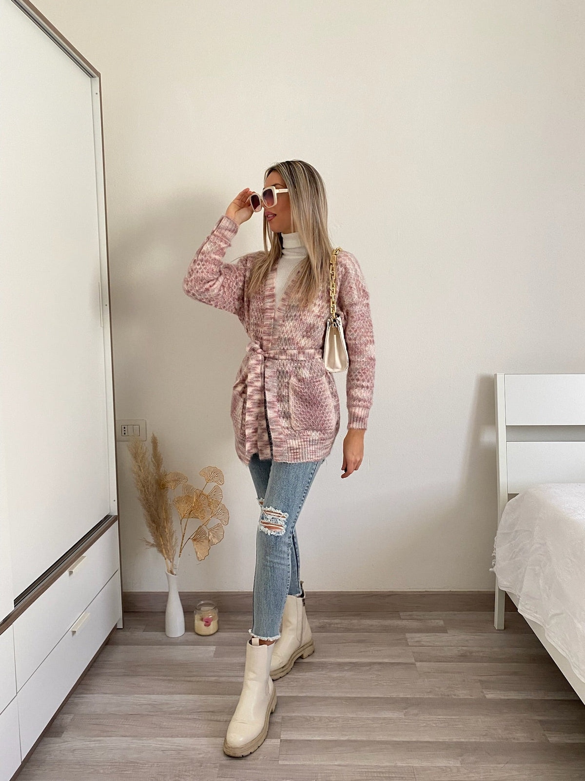Cardigan morbido con cintura sfumature lilla