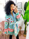 Cardigan frange e cinta celeste e verde