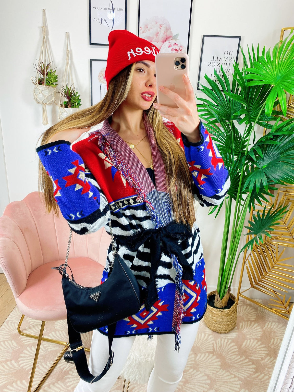 Cardigan con frange e cinta Rosso blu
