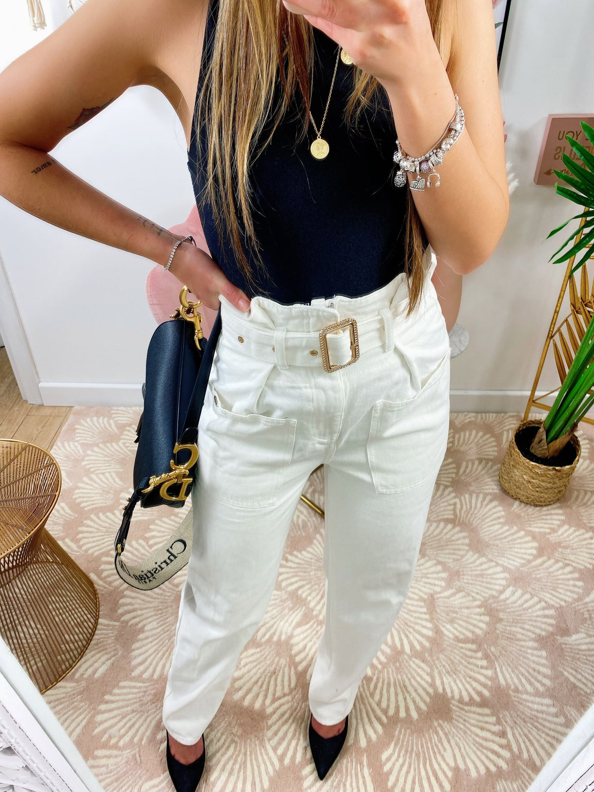 Jeans bianco boyfriend con cintura compresa