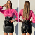 Abito con camicia di raso Fuxia e gonna in ecopelle