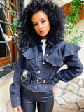 Giacca di jeans nero con rouches e marsupio