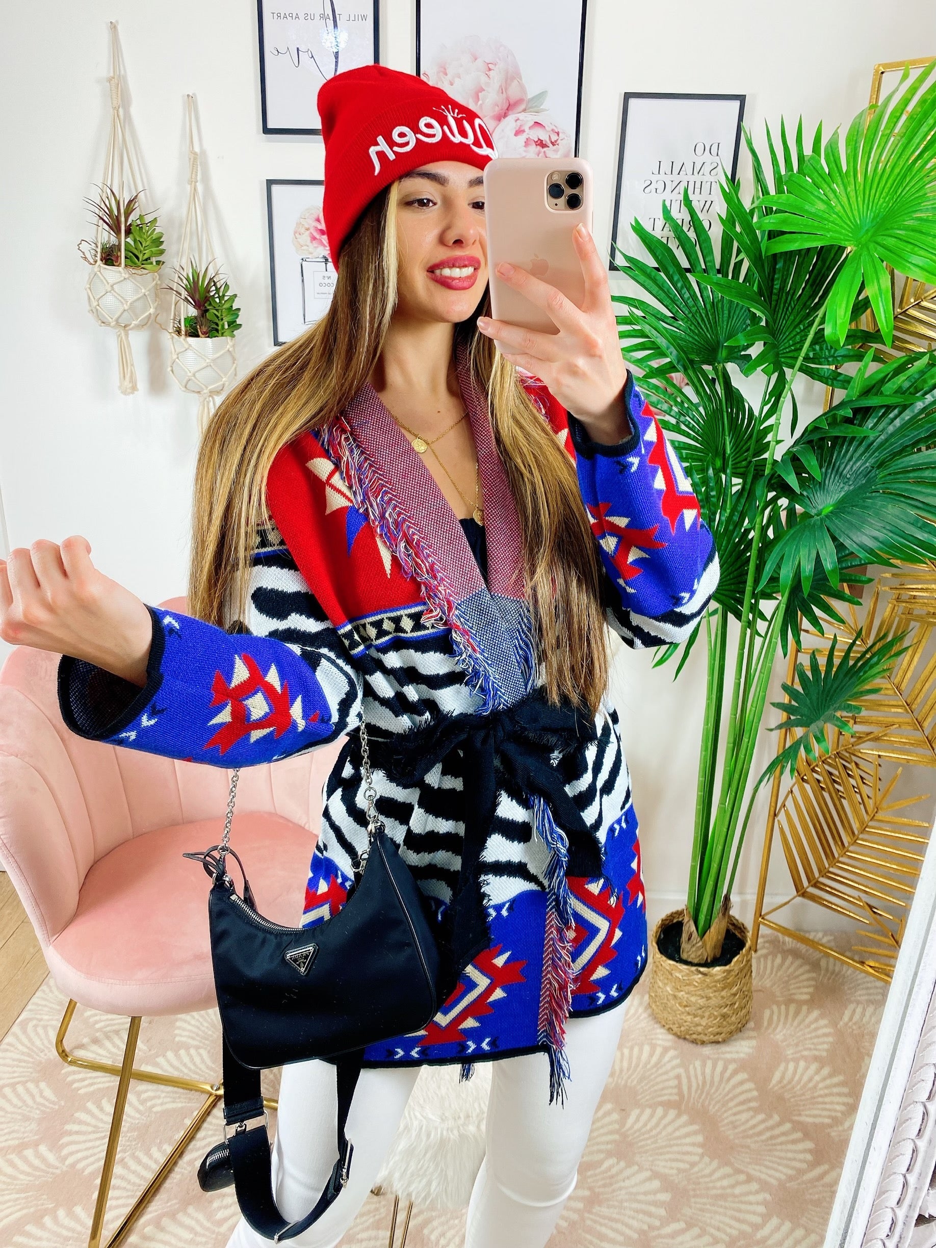 Cardigan con frange e cinta Rosso blu
