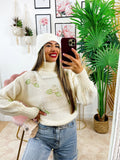 Maglione collo alto con rose Panna
