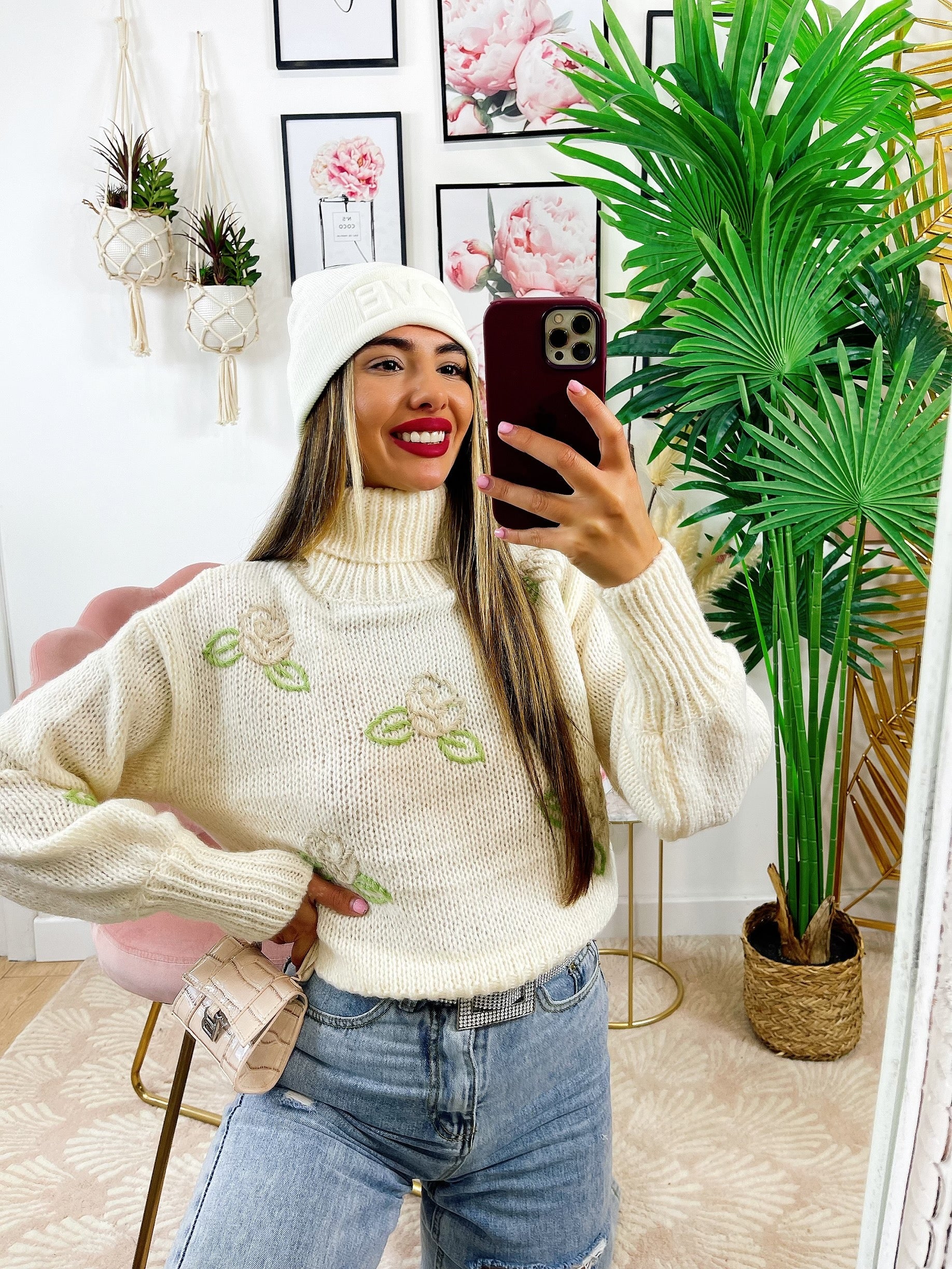 Maglione collo alto con rose Panna