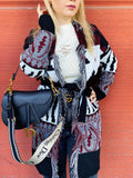 Cardigan Black/Bordeaux con frange e cinta