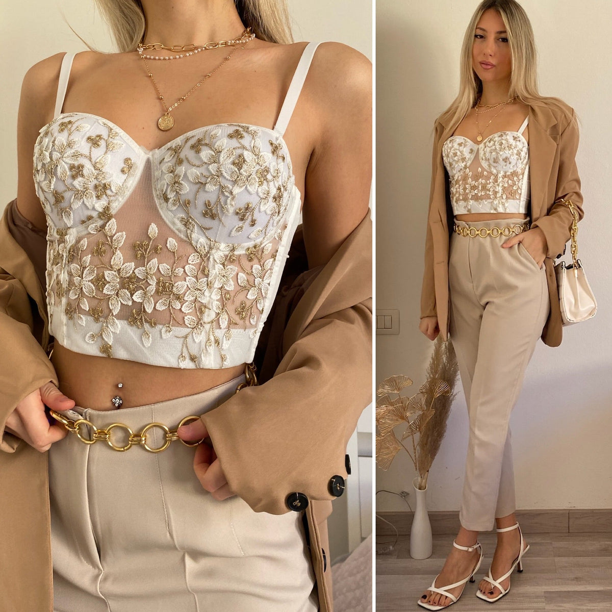 Pantalone vita alta beige