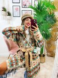 Cardigan lungo con frange colori tenui dettaglio verdeacqua