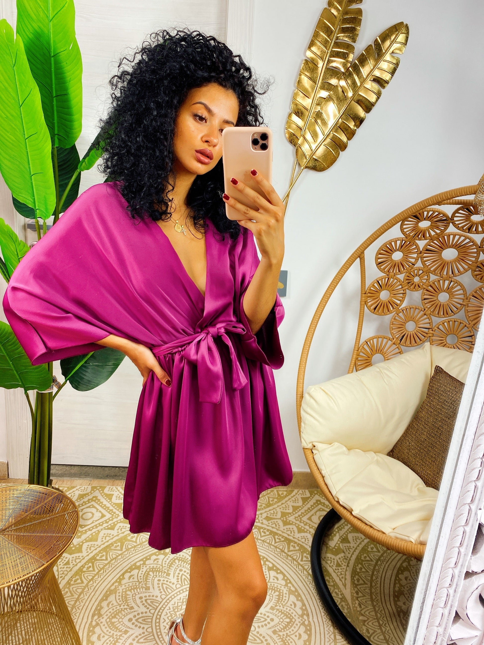 Abito a kimono in raso con cintura peonia
