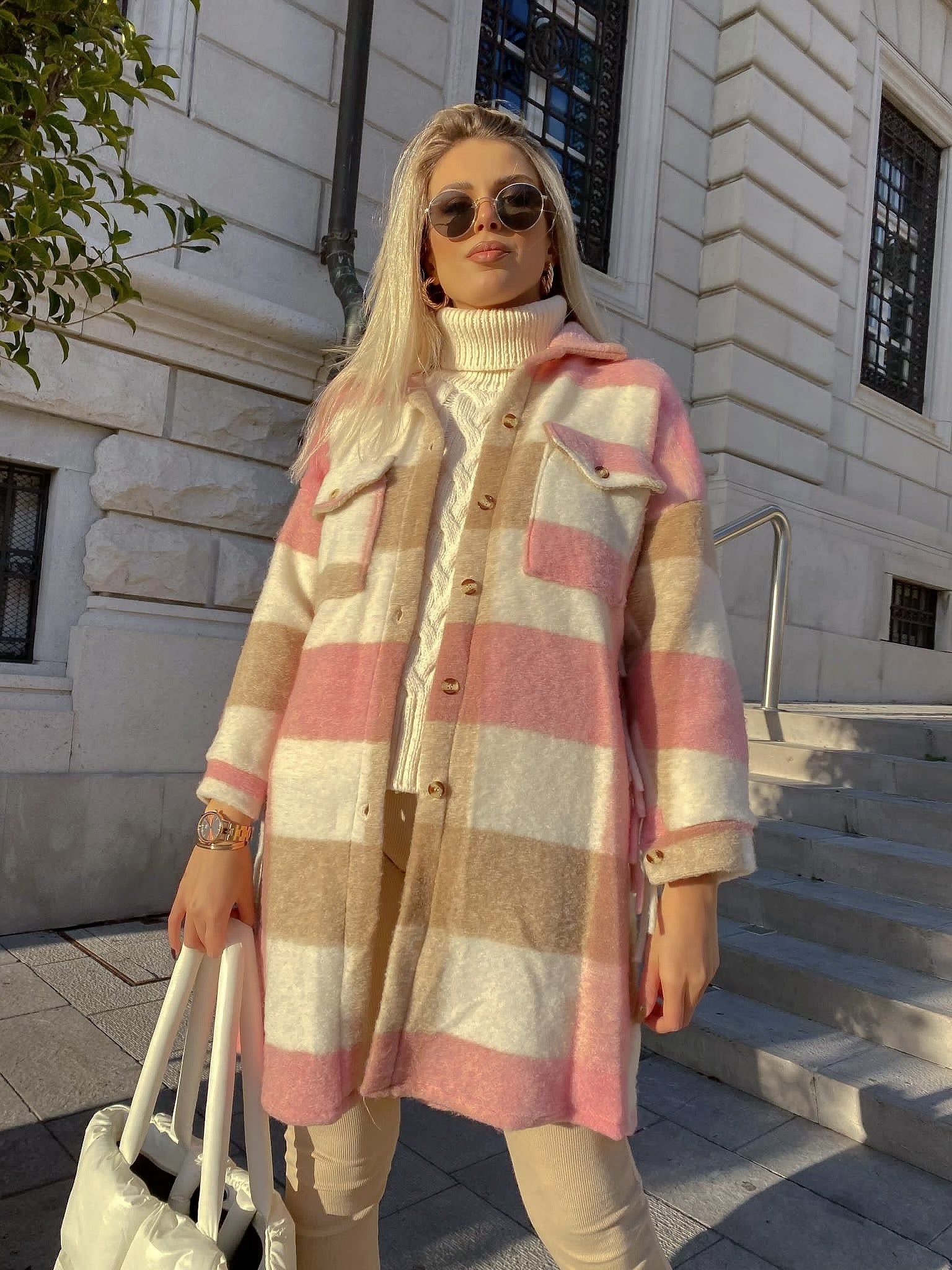 Giacca a quadri Rosa lunga con frange