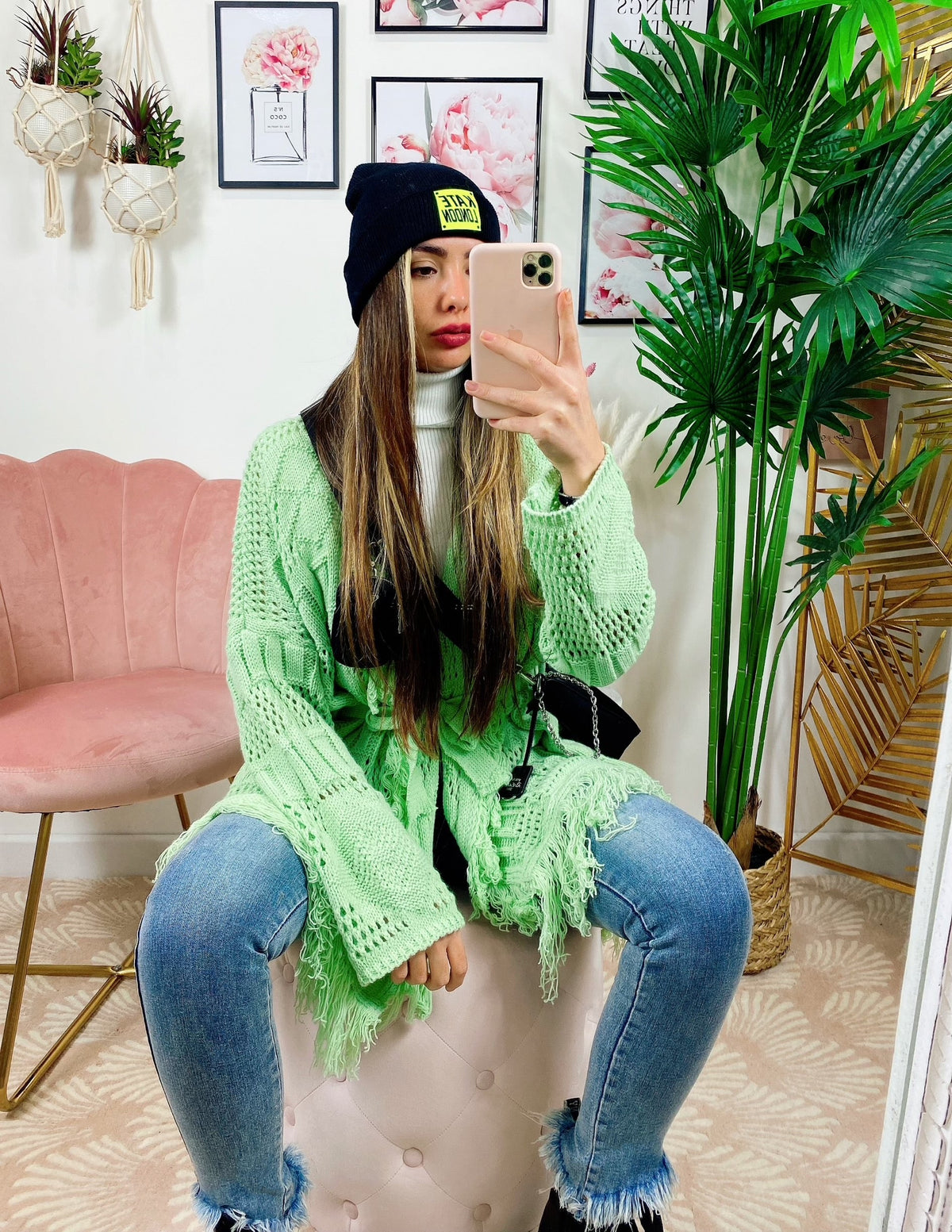Cardigan sfrangiato verde mela