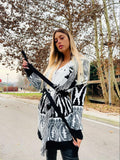 Cardigan Black/Grigio con frange e cinta