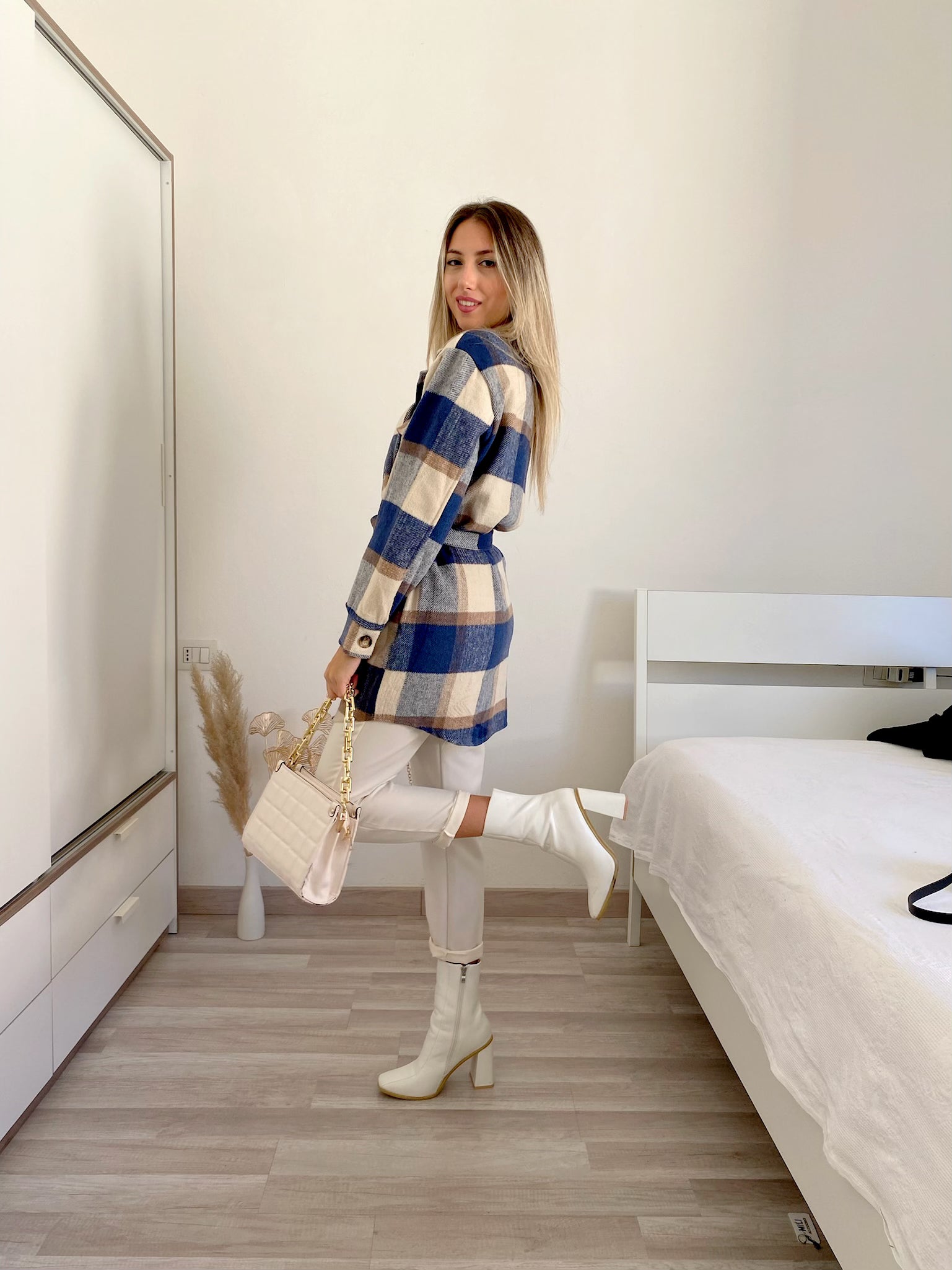Giacca check nude e blu