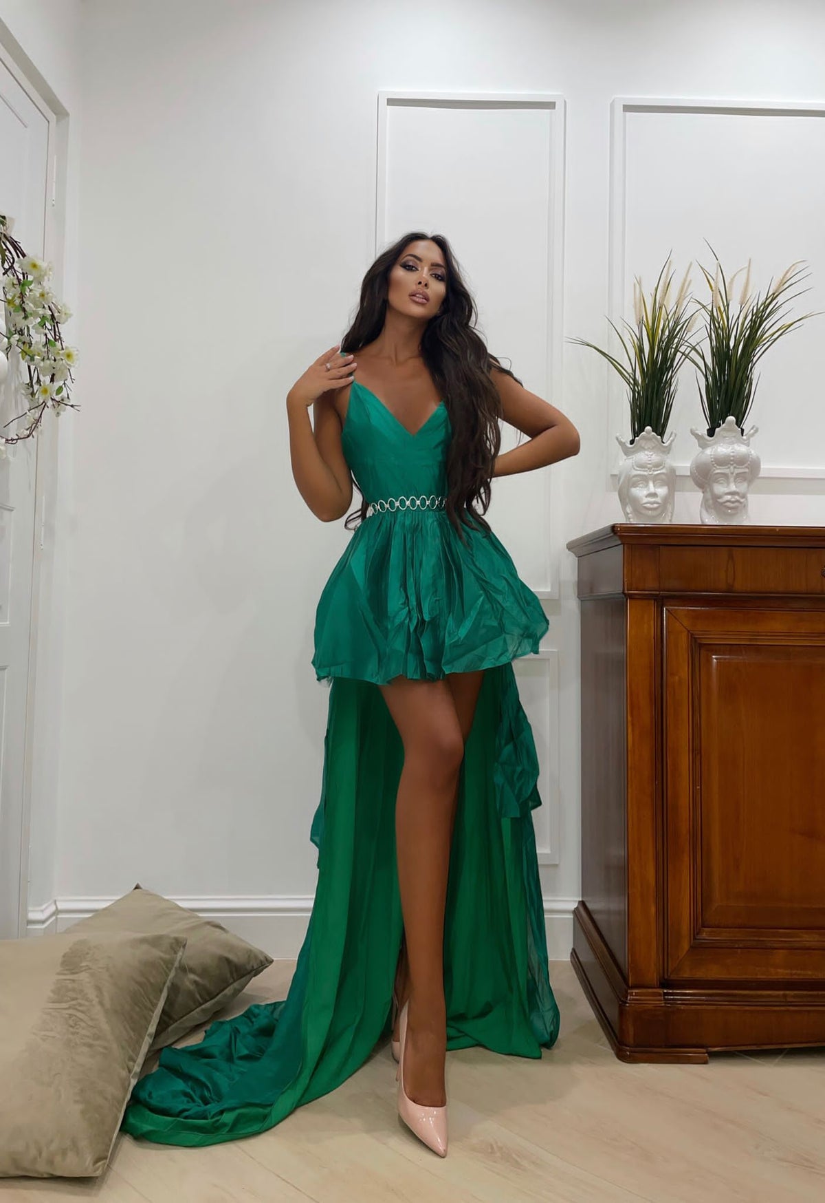 Abito verde con maxi gonna