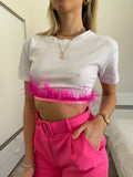 T-shirt crop piume Fuxia