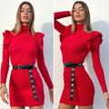 Abito a costine Rosso con Rouches sulle maniche
