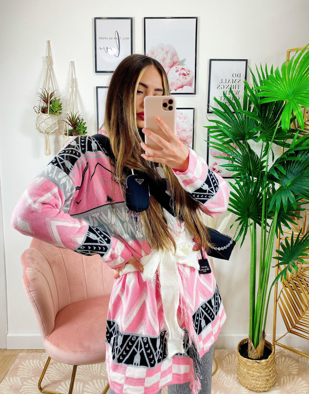 Cardigan con frange e cinta Rosa