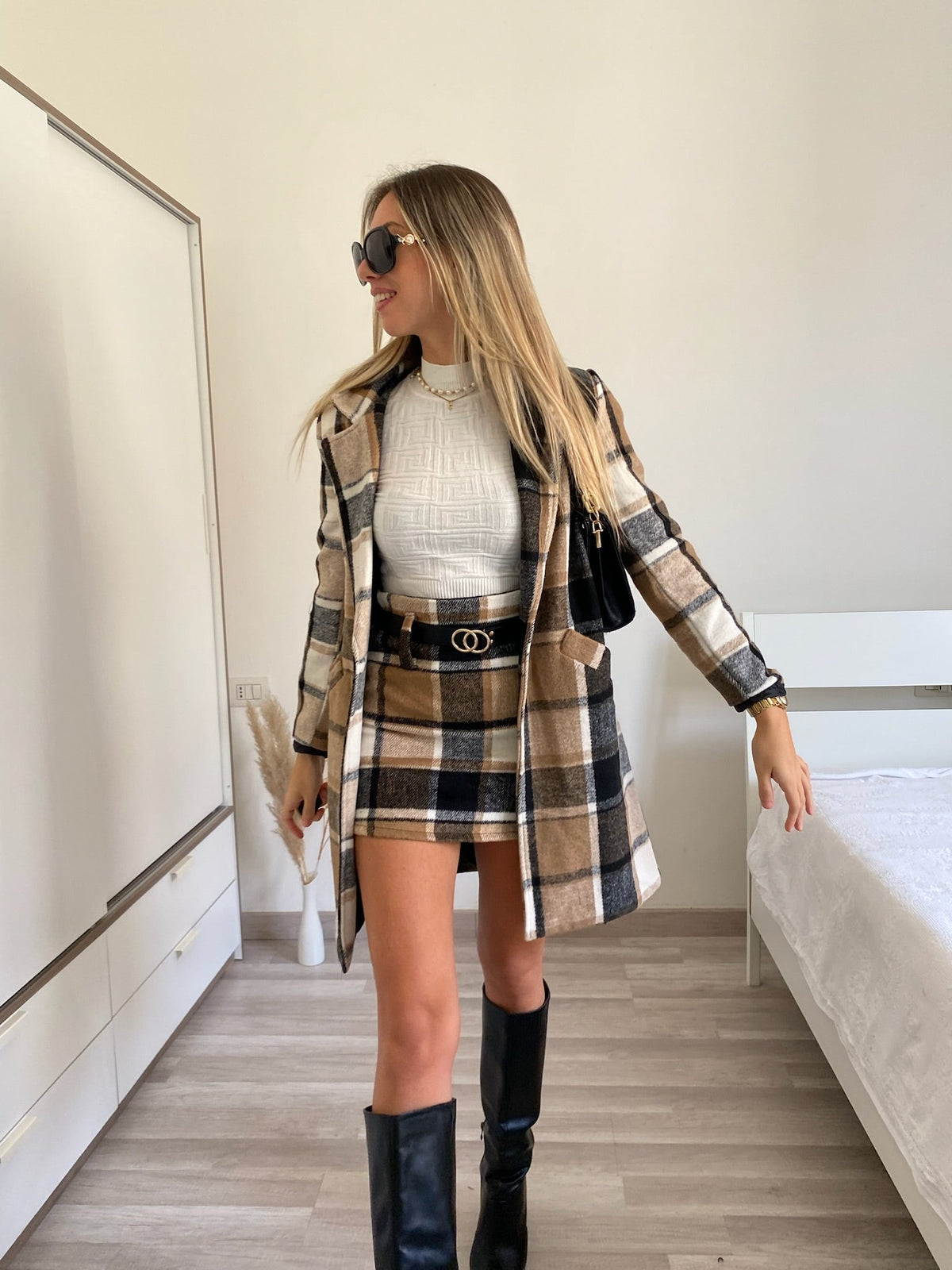 Gonna in tweed Camel nero