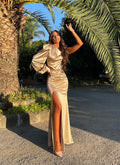 Abito in raso monospalla beige