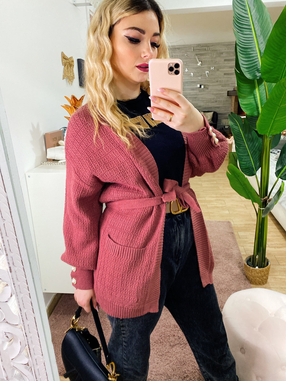 Cardigan manica lunga con perle peonia