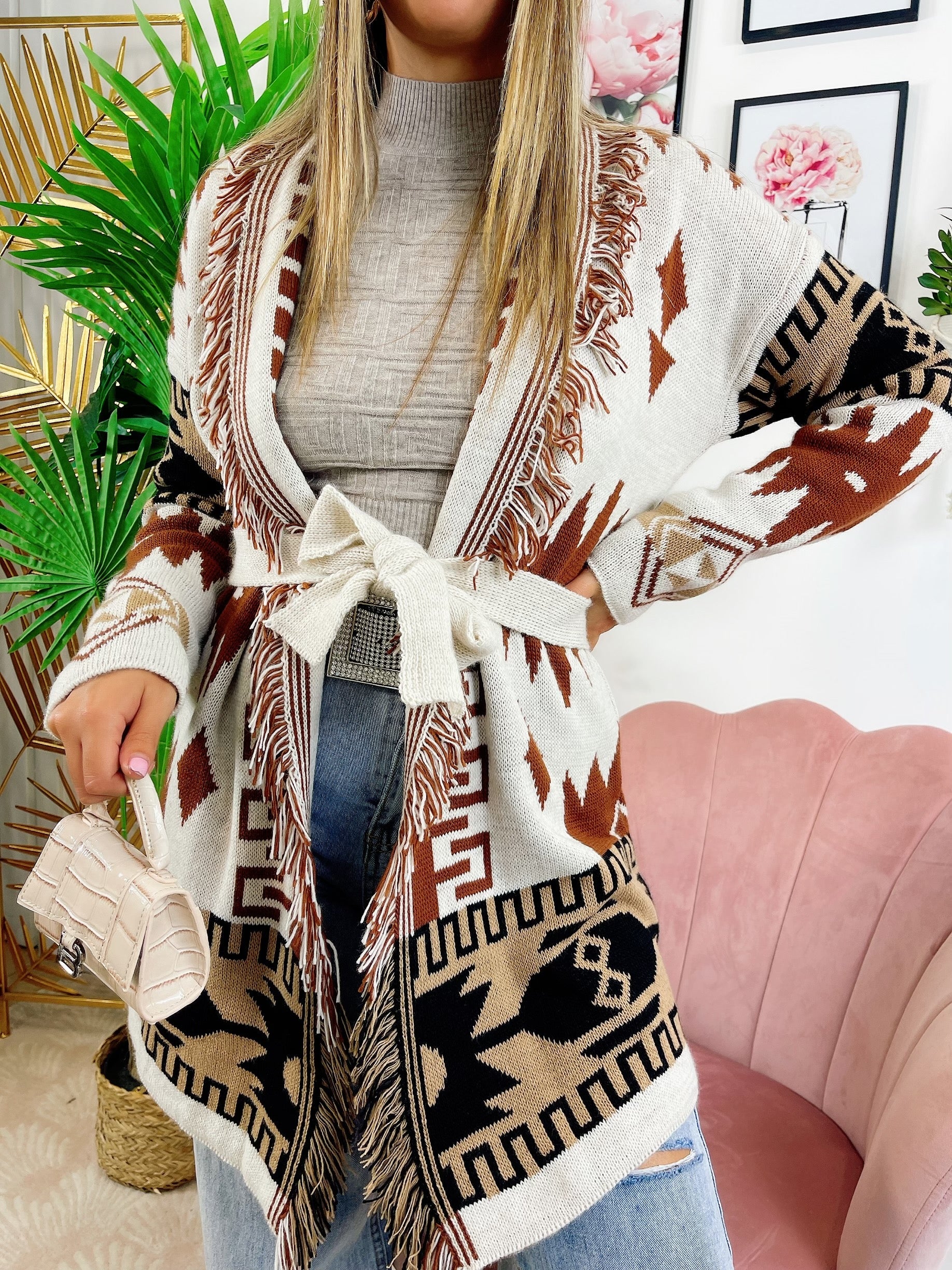 Cardigan Camel/Black con frange e cinta