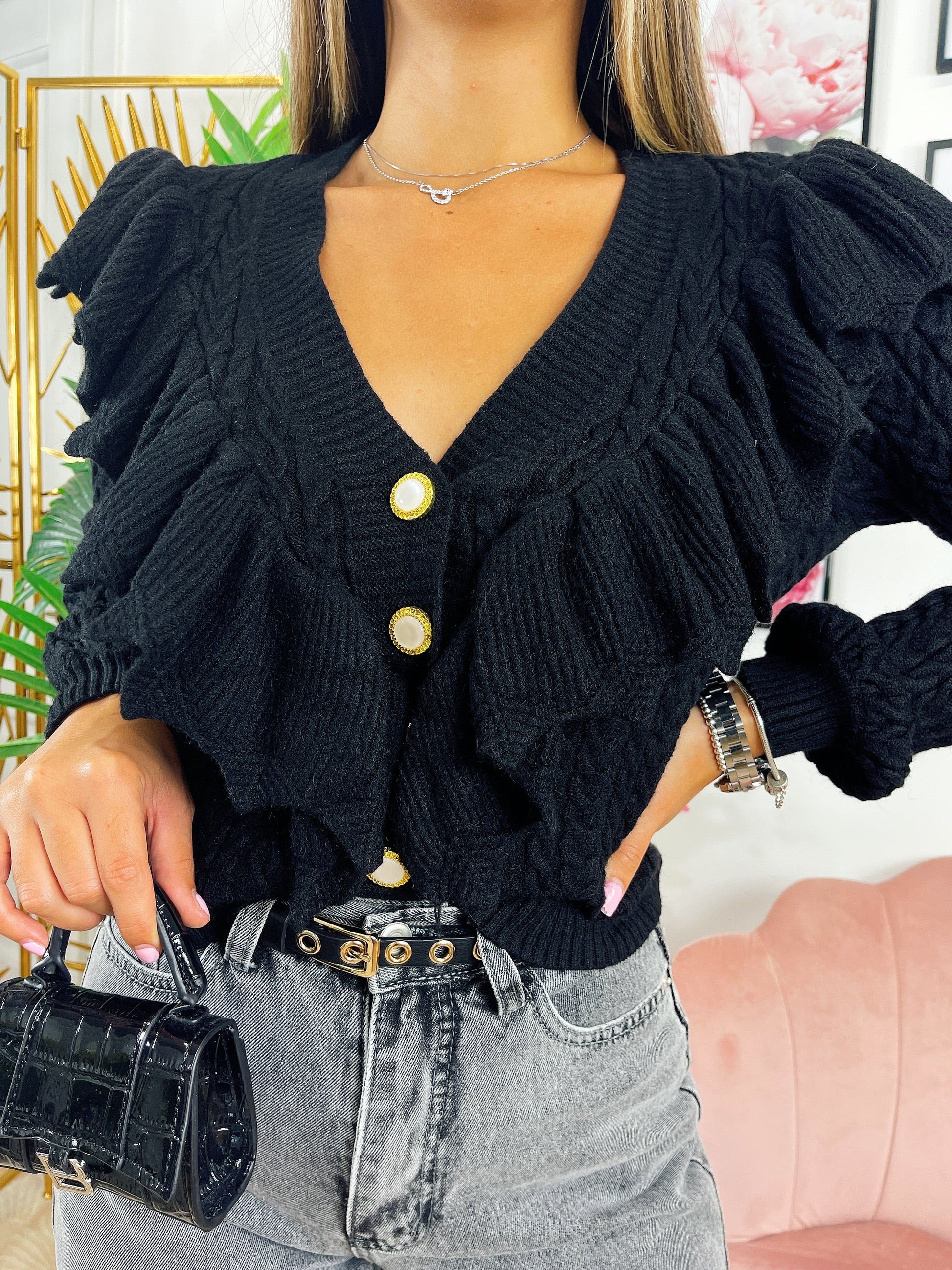 Maglione con Rouches e bottoni gioiello
