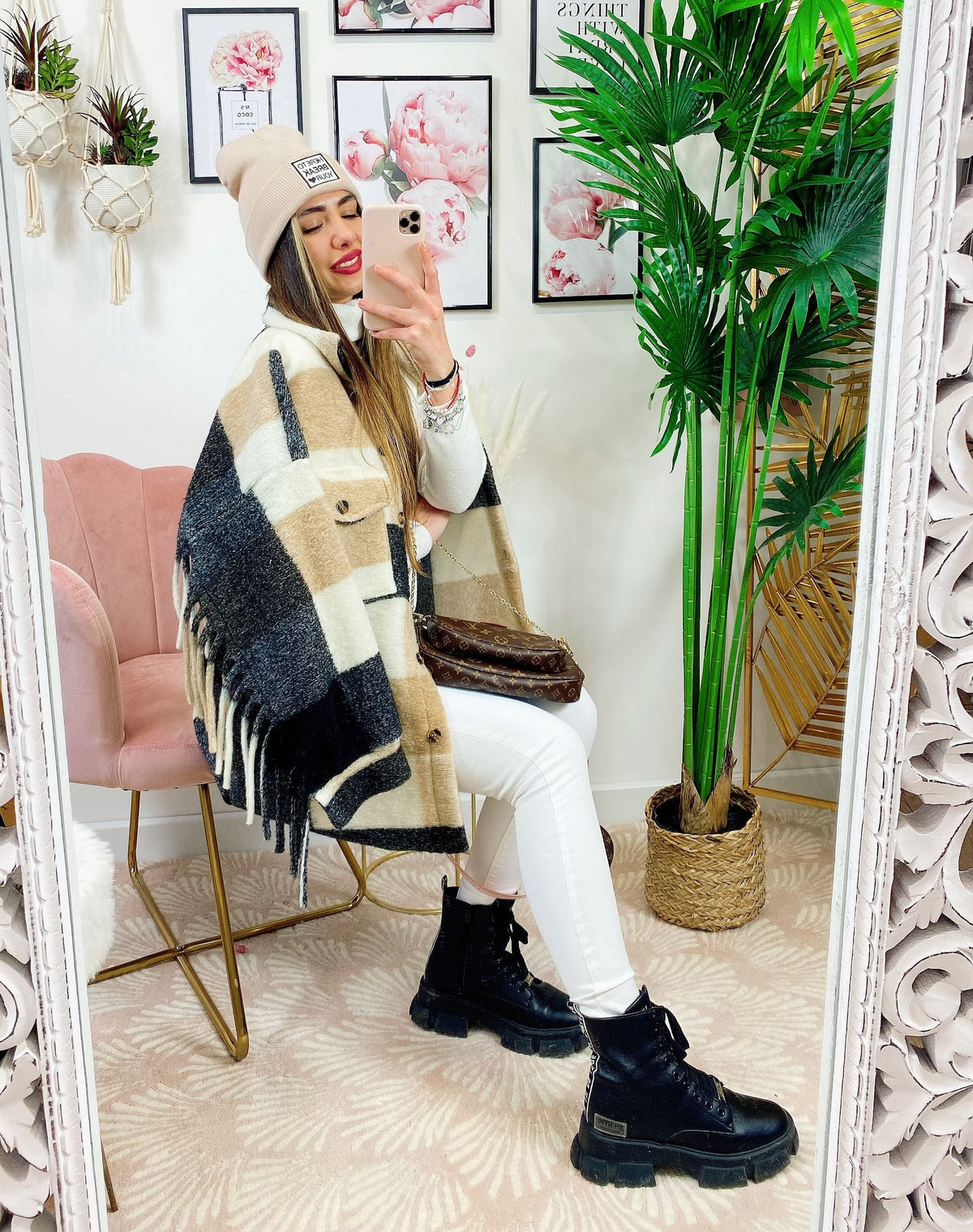 Giacca a quadri Beige con frange