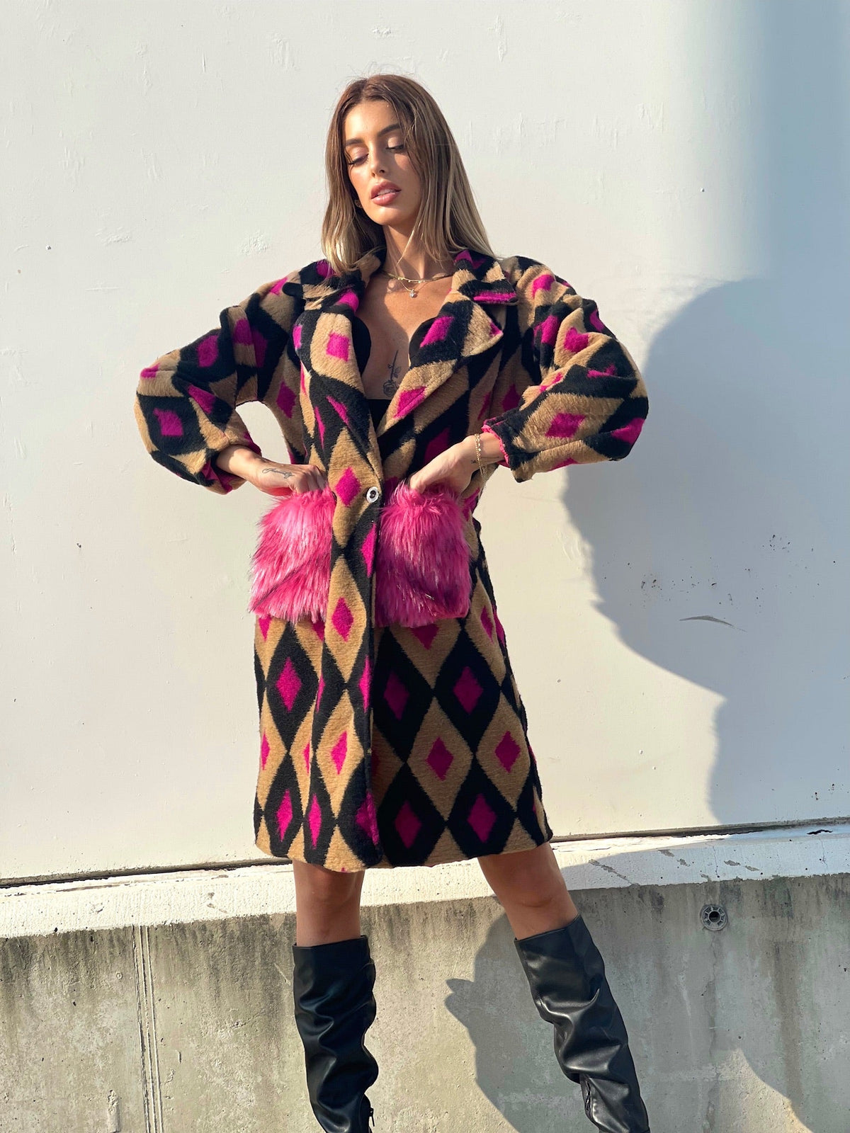 Cappotto a rombi fuxia