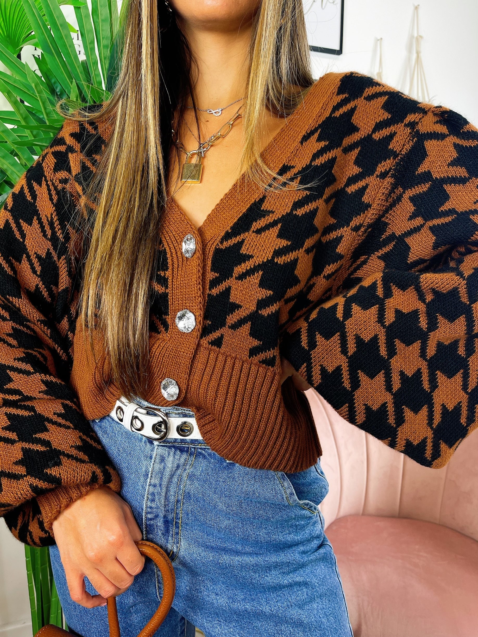 Cardigan con gioiello a trama Camel nero