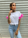 T-shirt con piume Fuxia