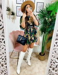 Abito manica lunga con fiori verde militare