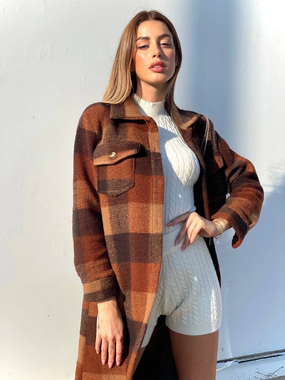 Maxi camicione a quadri Camel
