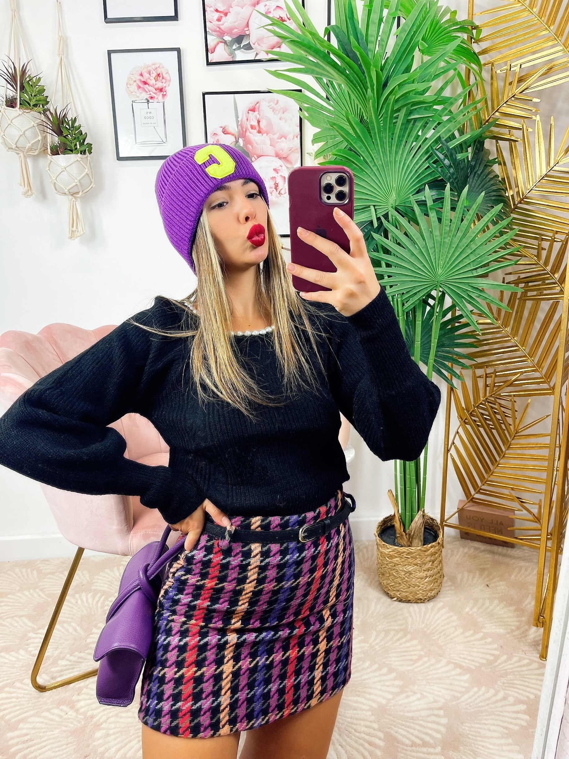 Gonna in tweed con sfumature viola