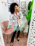 Cardigan frange e cinta rosa e verde