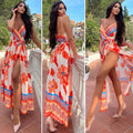 Abito in raso con maxi spacco fiori pesca
