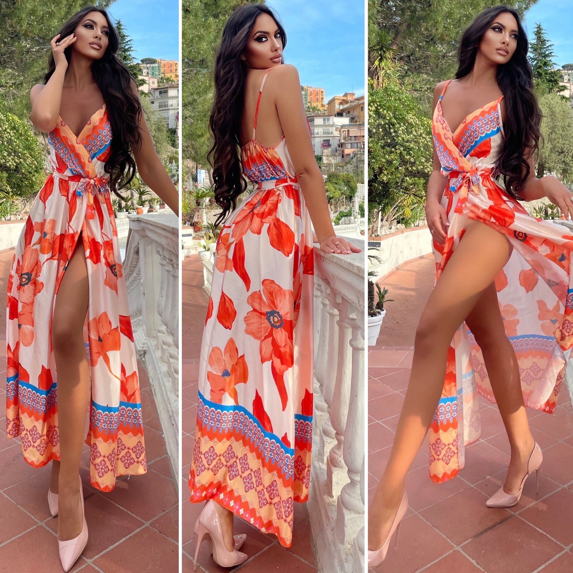 Abito in raso con maxi spacco fiori pesca