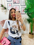 T-Shirt con bulldog e catena bianca