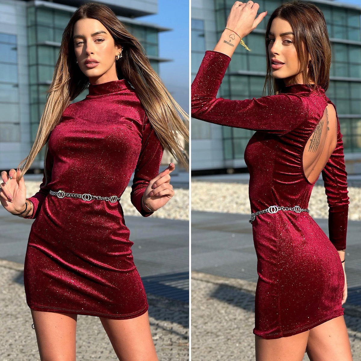 Abito schiena aperta glitter rosso