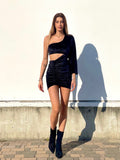 Abito monospalla effetto glitter nero